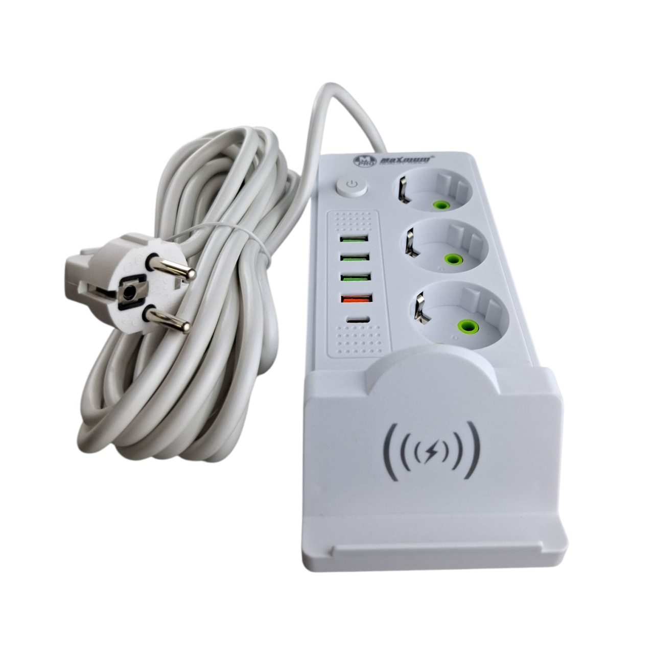 Удлинитель сетевой белый с безпроводной зарядкой 3 метра, 3 евро розетки, 4 USB порта, Type C, 2500W оптом